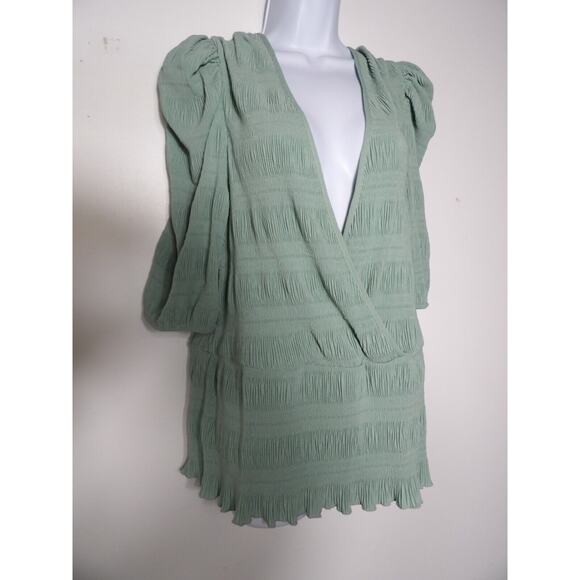 Asos Curve Design Sz 18 Top Blouse Shirt Crinkle Mint Green Deep V Puff Sleeve - Picture 4 of 13